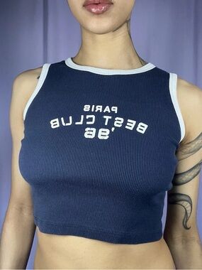 Zara Navy Blue Sleeveless Ribbed Graphic Tank Top Womens Size S Baby Tee Casual
